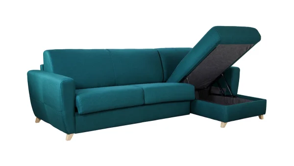 Canapé D’angle Convertible Réversible Avec Coffre 4 Places En Tissu Bleu Canard Et Bois Clair GRAHAM 5