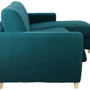 Canapé D’angle Convertible Réversible Avec Coffre 4 Places En Tissu Bleu Canard Et Bois Clair GRAHAM 19