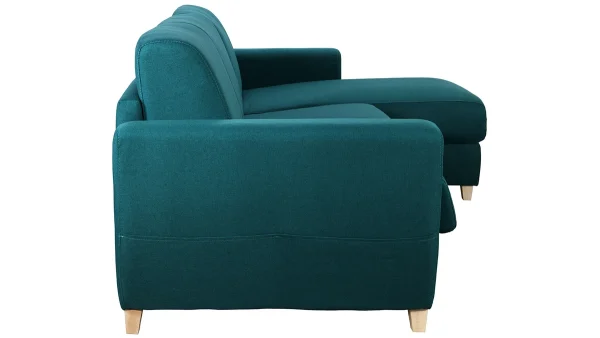 Canapé D’angle Convertible Réversible Avec Coffre 4 Places En Tissu Bleu Canard Et Bois Clair GRAHAM 6