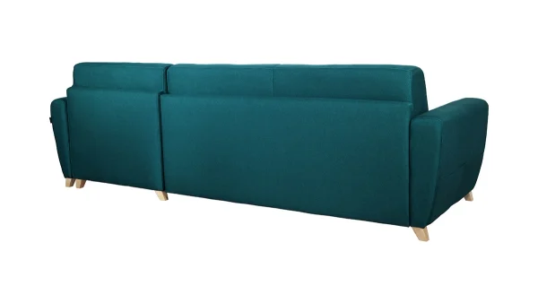 Canapé D’angle Convertible Réversible Avec Coffre 4 Places En Tissu Bleu Canard Et Bois Clair GRAHAM 7