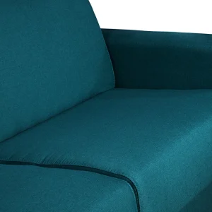 Canapé D’angle Convertible Réversible Avec Coffre 4 Places En Tissu Bleu Canard Et Bois Clair GRAHAM 23