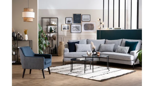 Canapé D’angle Design 5 Places En Tissu Gris Anthracite Et Métal Noir PUCHKINE Prestation Et Rapide 7