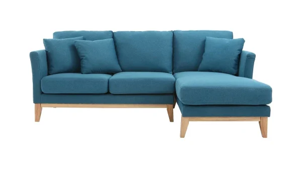 Canapé D’angle Droit Déhoussable 4 Places En Tissu Bleu Canard Et Bois Clair OSLO à prix très bas 1