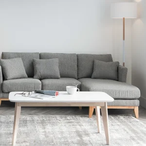 Canapé D’angle Droit Déhoussable 4 Places En Tissu Bleu Canard Et Bois Clair OSLO à prix très bas 22