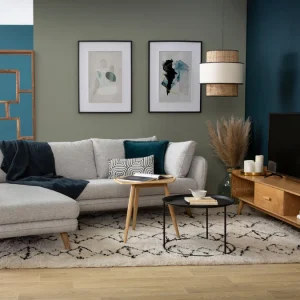 SOLDES TOUT À Canapé D’angle Gauche Scandinave 5 Places En Tissu Gris Clair Chiné Et Bois Clair CREEP 17