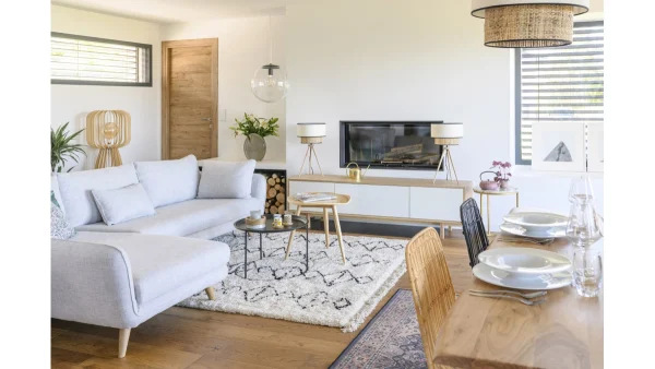SOLDES TOUT À Canapé D’angle Gauche Scandinave 5 Places En Tissu Gris Clair Chiné Et Bois Clair CREEP 7