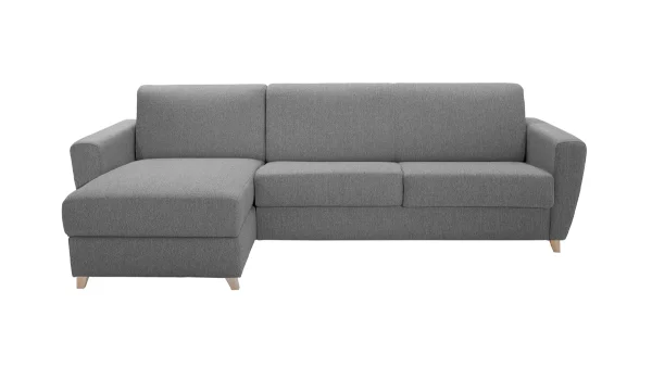 Canapé D’angle Réversible Et Convertible Avec Coffre 4 Places En Tissu Gris Et Bois Clair GRAHAM 1