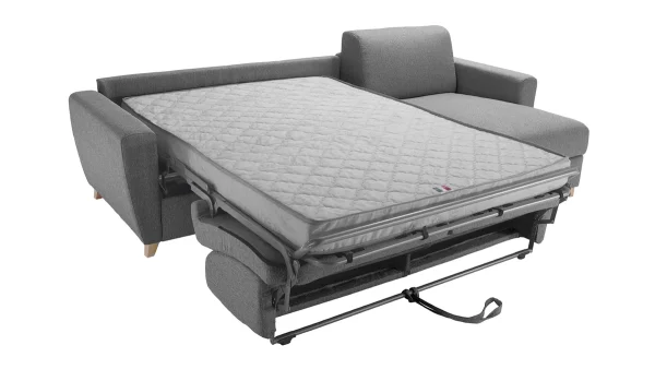 Canapé D’angle Réversible Et Convertible Avec Coffre 4 Places En Tissu Gris Et Bois Clair GRAHAM 4