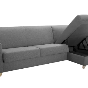 Canapé D’angle Réversible Et Convertible Avec Coffre 4 Places En Tissu Gris Et Bois Clair GRAHAM 16