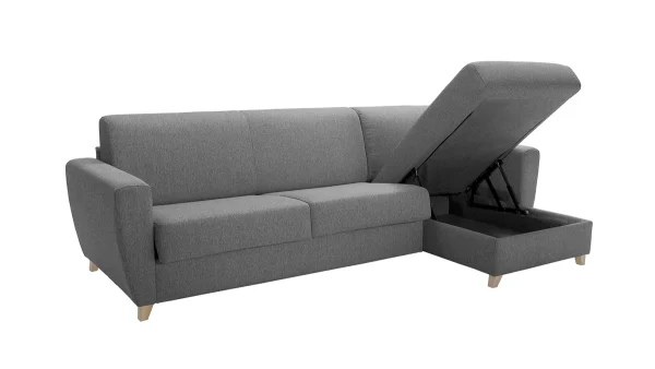 Canapé D’angle Réversible Et Convertible Avec Coffre 4 Places En Tissu Gris Et Bois Clair GRAHAM 5