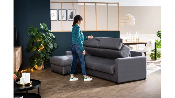 magasins pas chers Canapé D’angle Réversible Et Convertible Avec Coffre Et Têtières Ajustables 4 Places En Tissu Gris NORO 10