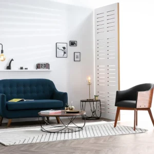 Canapé Déhoussable 2 Places En Tissu Bleu Foncé Et Bois Foncé YNOK 17