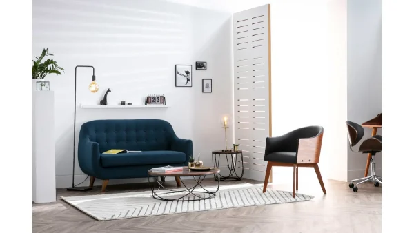 Canapé Déhoussable 2 Places En Tissu Bleu Foncé Et Bois Foncé YNOK 6