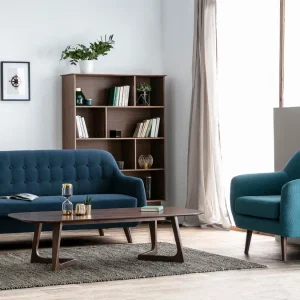 Canapé Déhoussable 3 Places En Tissu Bleu Foncé Et Bois Foncé YNOK 20