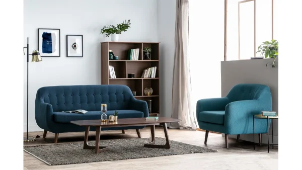 Canapé Déhoussable 3 Places En Tissu Bleu Foncé Et Bois Foncé YNOK 7