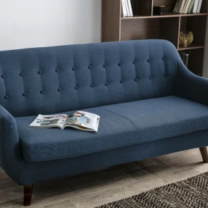 Canapé Déhoussable 3 Places En Tissu Bleu Foncé Et Bois Foncé YNOK 22