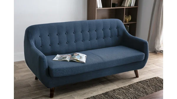 Canapé Déhoussable 3 Places En Tissu Bleu Foncé Et Bois Foncé YNOK 8