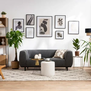 a Prix Discount Canapé Design 2-3 Places En Tissu Effet Laine Bouclée Gris Anthracite Et Bois Noir MORRIS 19