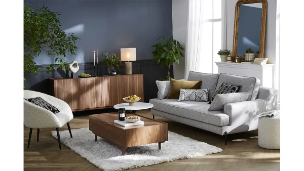 Canapé Design 4 Places En Tissu Gris Chiné Et Métal Noir PUCHKINE dernière tendance 7