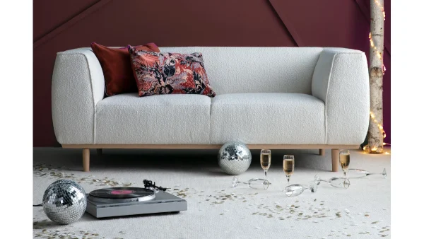 Canapé Scandinave 2-3 Places En Tissu Effet Laine Bouclée écru Et Bois Clair MORRIS 7
