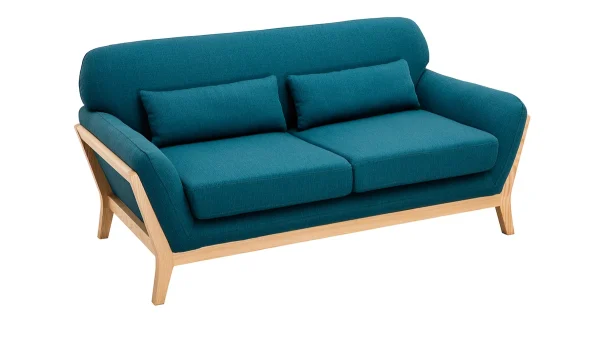 Promotio de vente Canapé Scandinave 2 Places En Tissu Bleu Canard Et Bois Clair YOKO 3