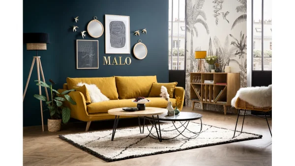 Canapé Scandinave 3 Places En Tissu Bleu Paon Et Bois Clair CREEP 7