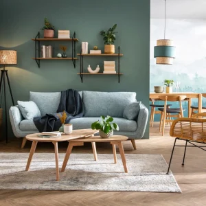 Canapé Scandinave 3 Places En Tissu Bleu Paon Et Bois Clair CREEP 22
