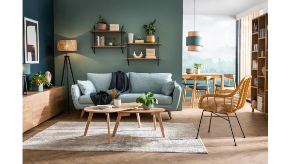 Canapé Scandinave 3 Places En Tissu Bleu Paon Et Bois Clair CREEP 8