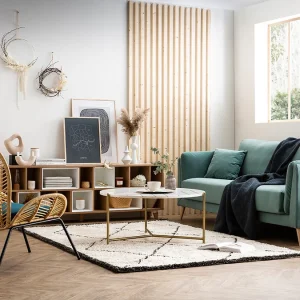 Canapé Scandinave 3 Places En Tissu Bleu Paon Et Bois Clair VOGUE 16