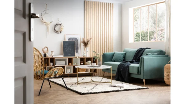 Canapé Scandinave 3 Places En Tissu Bleu Paon Et Bois Clair VOGUE 6