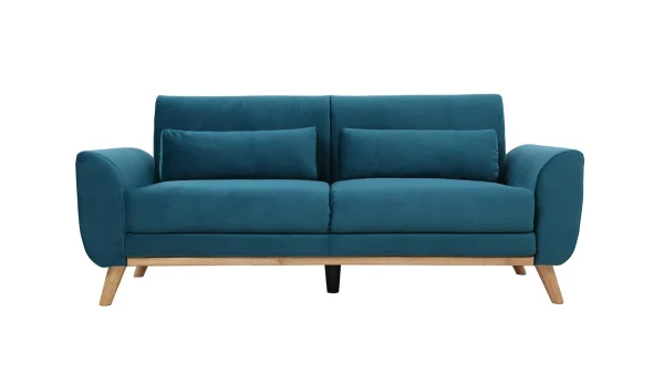 Canapé Scandinave 3 Places En Tissu Velours Bleu Pétrole Et Bois Clair EKTOR 1
