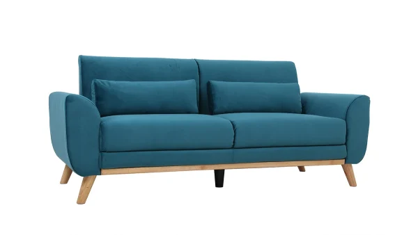 Canapé Scandinave 3 Places En Tissu Velours Bleu Pétrole Et Bois Clair EKTOR 3