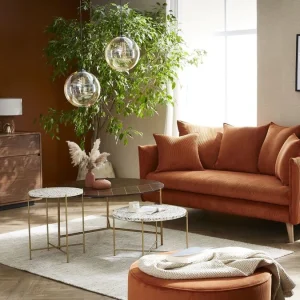 Canapé Scandinave 3 Places En Tissu Velours Côtelé Terre Brûlée Et Bois Clair OLYMPIA Livraison gratuite 21
