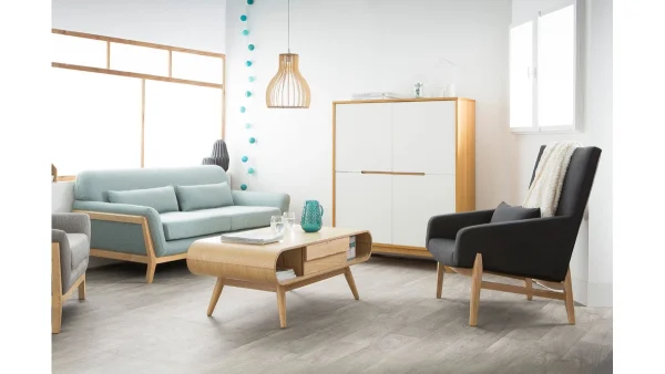 Vente Canapé Scandinave 3 Places En Tissu Vert Lagon Et Bois Clair YOKO 8