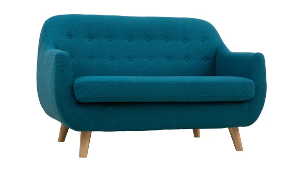 Canapé Scandinave Déhoussable 2 Places En Tissu Bleu Canard Et Bois Clair YNOK 3