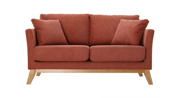 Canapé Scandinave Déhoussable 2 Places En Tissu Effet Velours Texturé Terracotta Et Bois Clair OSLO 1
