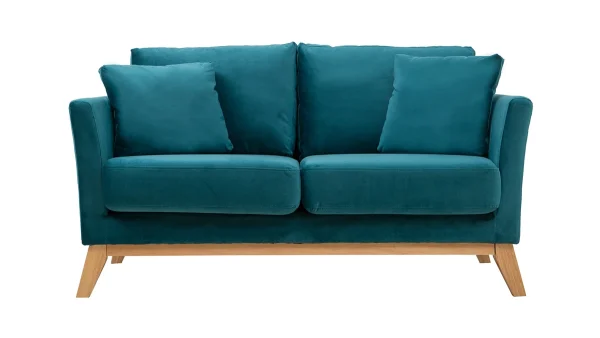Canapé Scandinave Déhoussable 2 Places En Tissu Velours Bleu Pétrole Et Bois Clair OSLO 1