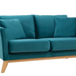 Canapé Scandinave Déhoussable 2 Places En Tissu Velours Bleu Pétrole Et Bois Clair OSLO 12