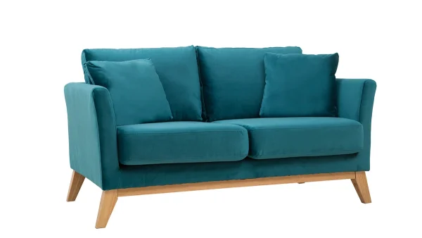 Canapé Scandinave Déhoussable 2 Places En Tissu Velours Bleu Pétrole Et Bois Clair OSLO 3