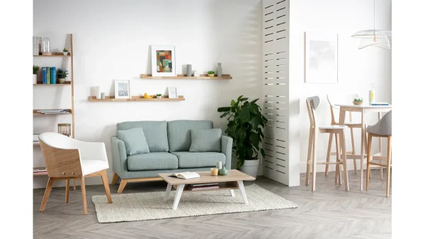 Canapé Scandinave Déhoussable 2 Places En Tissu Velours Bleu Pétrole Et Bois Clair OSLO 7