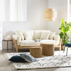 soldes ligne Canapé Scandinave Déhoussable 3 Places En Tissu Blanc Crème Et Bois Clair KYO 19