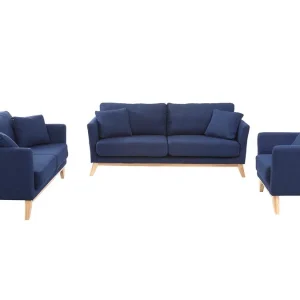 Canapé Scandinave Déhoussable 3 Places En Tissu Bleu Foncé Et Bois Clair OSLO shopping pas cher 23