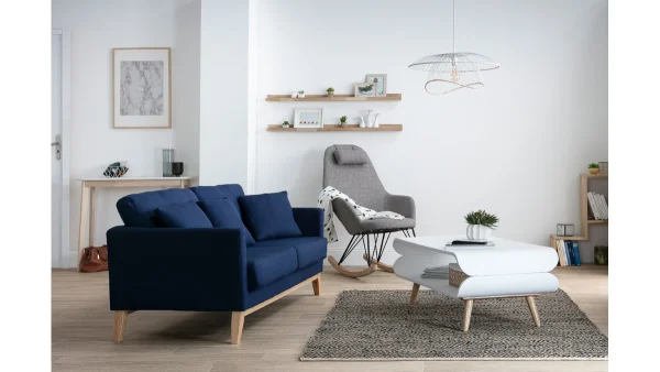 Canapé Scandinave Déhoussable 3 Places En Tissu Bleu Foncé Et Bois Clair OSLO shopping pas cher 9