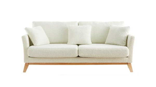 Canapé Scandinave Déhoussable 3 Places En Tissu Effet Laine Bouclée écru Et Bois Clair OSLO 1