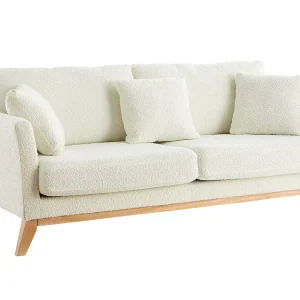 Canapé Scandinave Déhoussable 3 Places En Tissu Effet Laine Bouclée écru Et Bois Clair OSLO 12