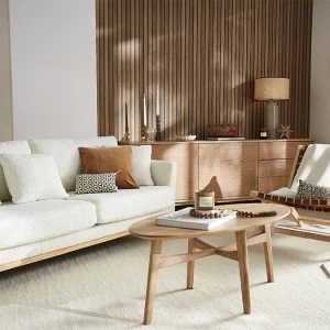 Canapé Scandinave Déhoussable 3 Places En Tissu Effet Laine Bouclée écru Et Bois Clair OSLO 20