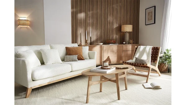 Canapé Scandinave Déhoussable 3 Places En Tissu Effet Laine Bouclée écru Et Bois Clair OSLO 7