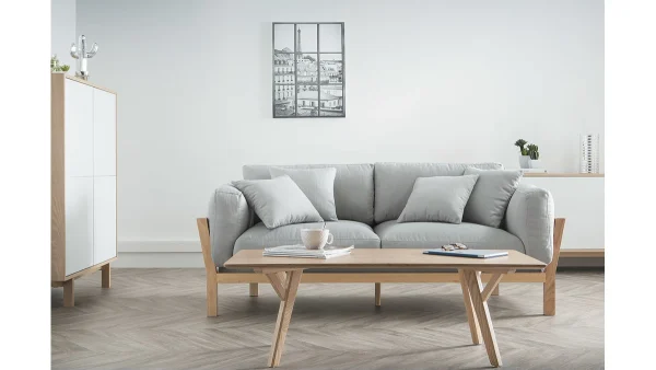 acheter en ligne Canapé Scandinave Déhoussable 3 Places En Tissu Gris Clair Et Bois Clair KYO 8