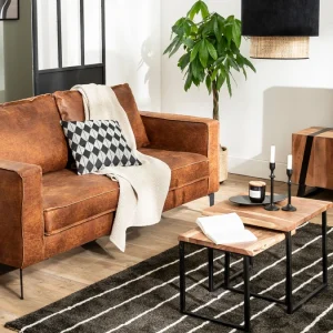 boutique en ligne Canapé Vintage 2 Places Cuir Marron Cognac Aspect Vieilli Et Métal Noir SONNY 19
