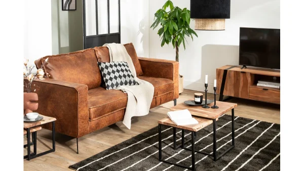 boutique en ligne Canapé Vintage 2 Places Cuir Marron Cognac Aspect Vieilli Et Métal Noir SONNY 7